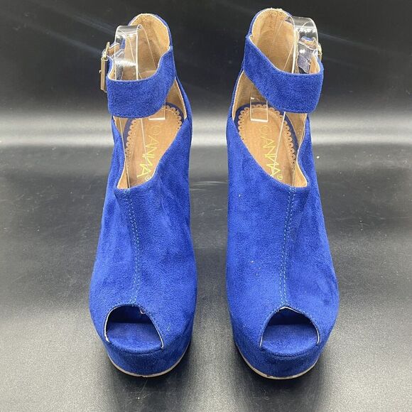 ANNA platform wedge heel womens 8 blue seude peep toe party going out colorful - Picture 3 of 7